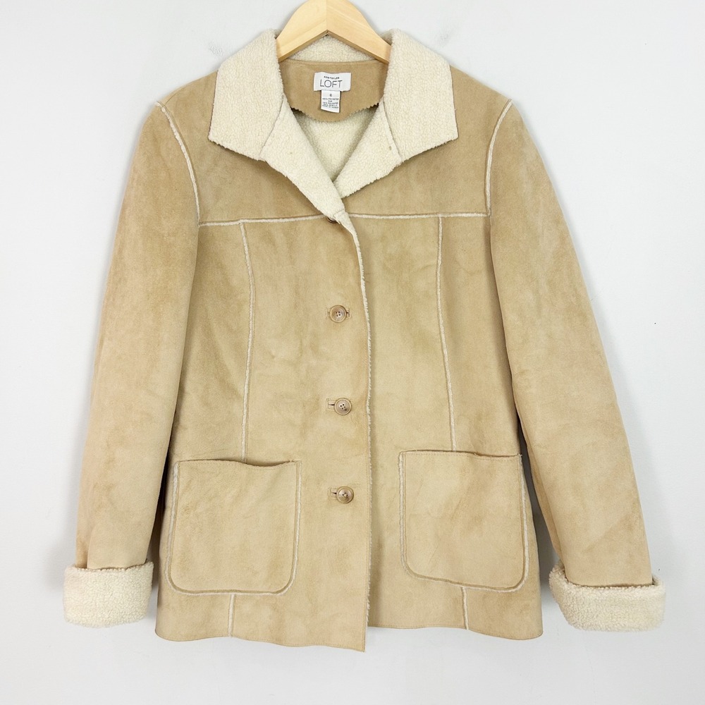 Vtg AT Loft Penny Lane Jacket Tan Faux Suede Shearling Lined Size 6 Women's